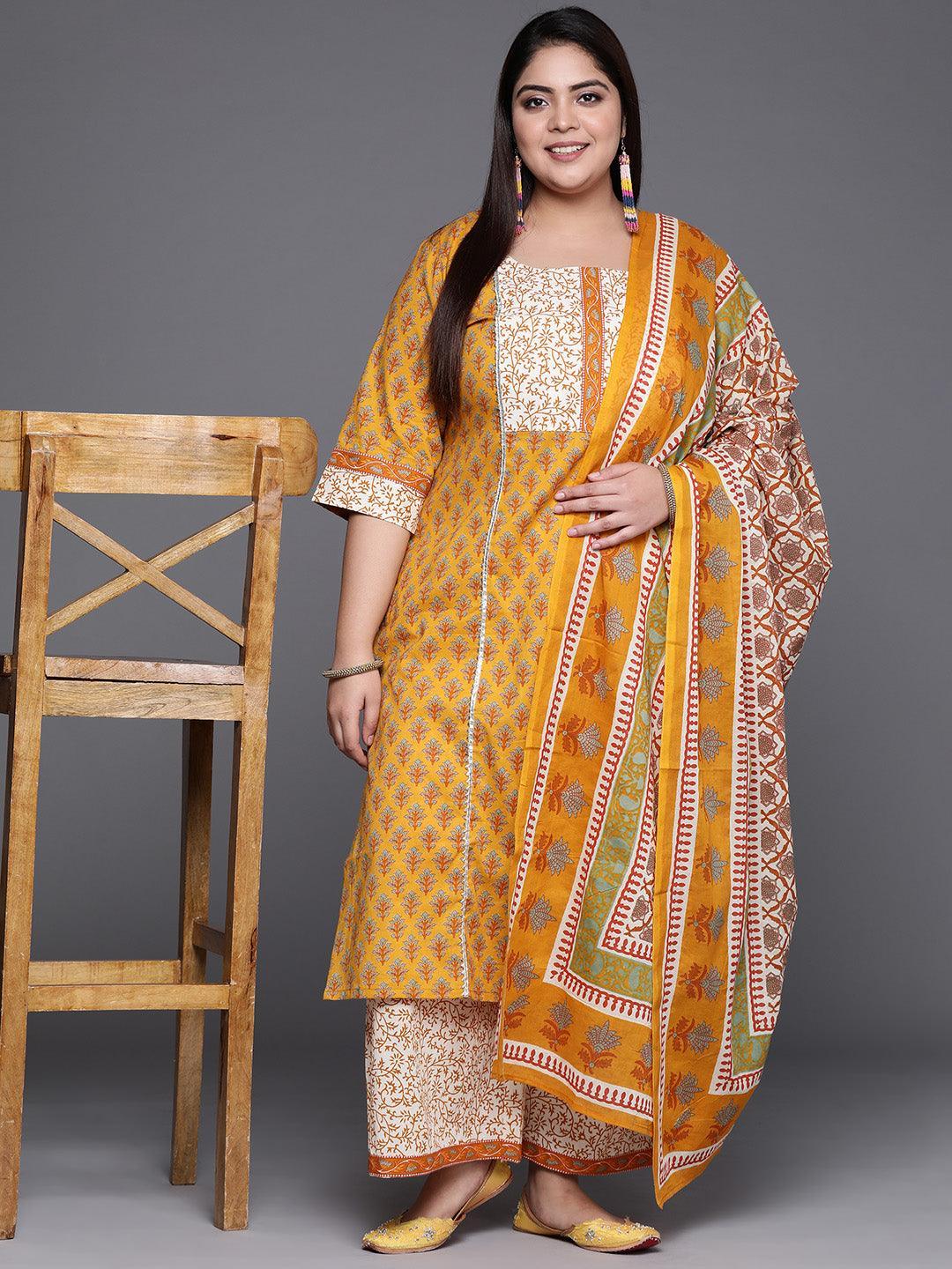 Plus Size Yellow Printed Cotton Suit Set