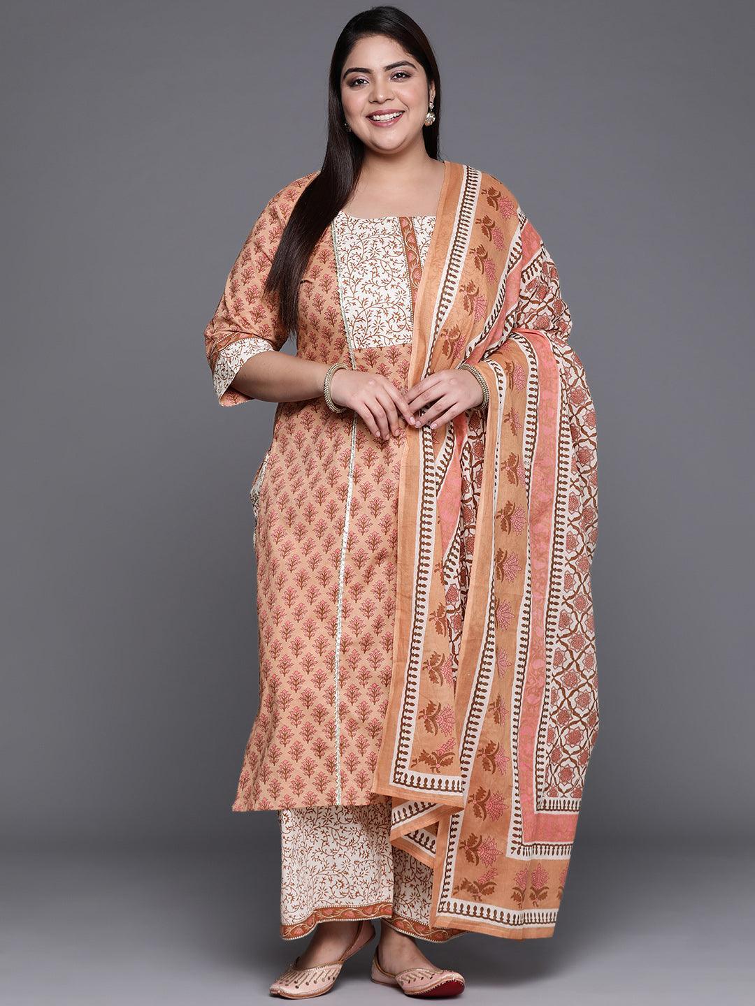 Plus Size Brown Printed Cotton Suit Set