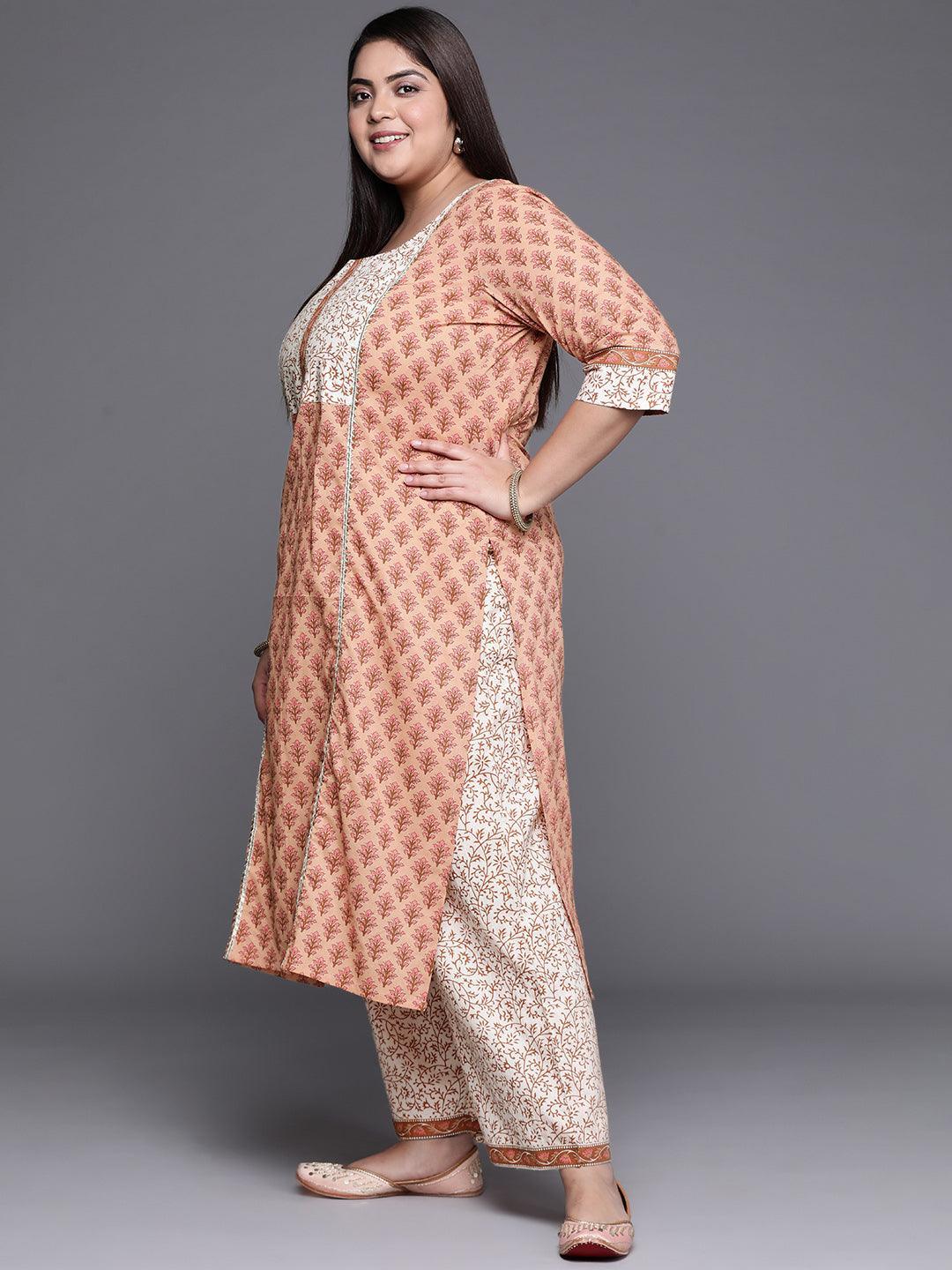 Plus Size Brown Printed Cotton Suit Set