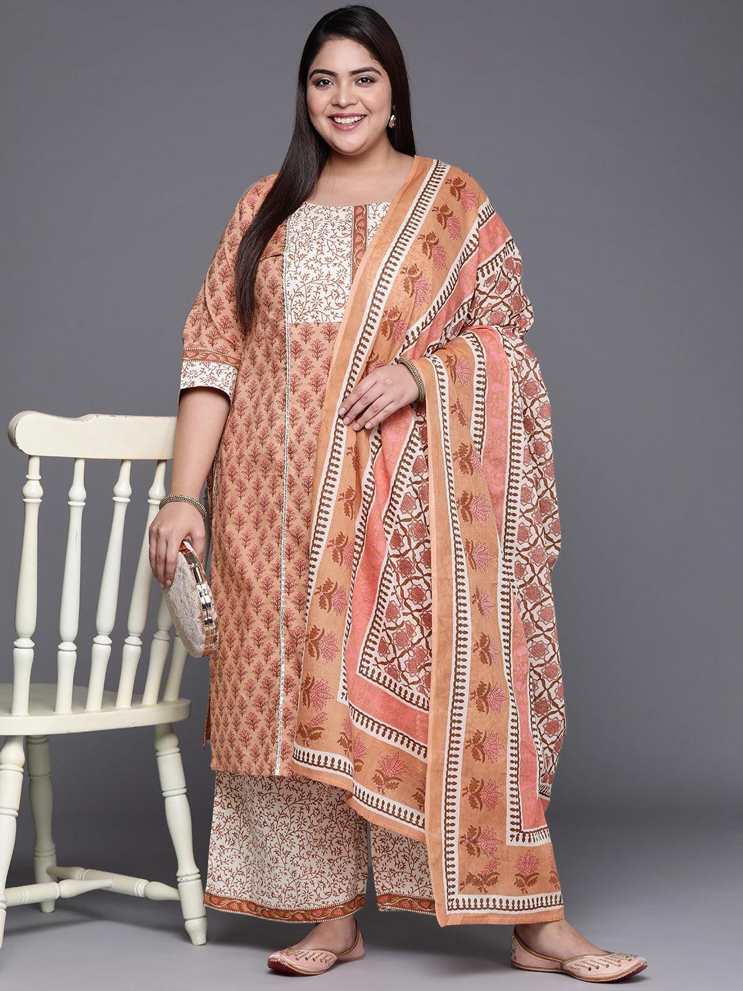 Plus Size Brown Printed Cotton Suit Set