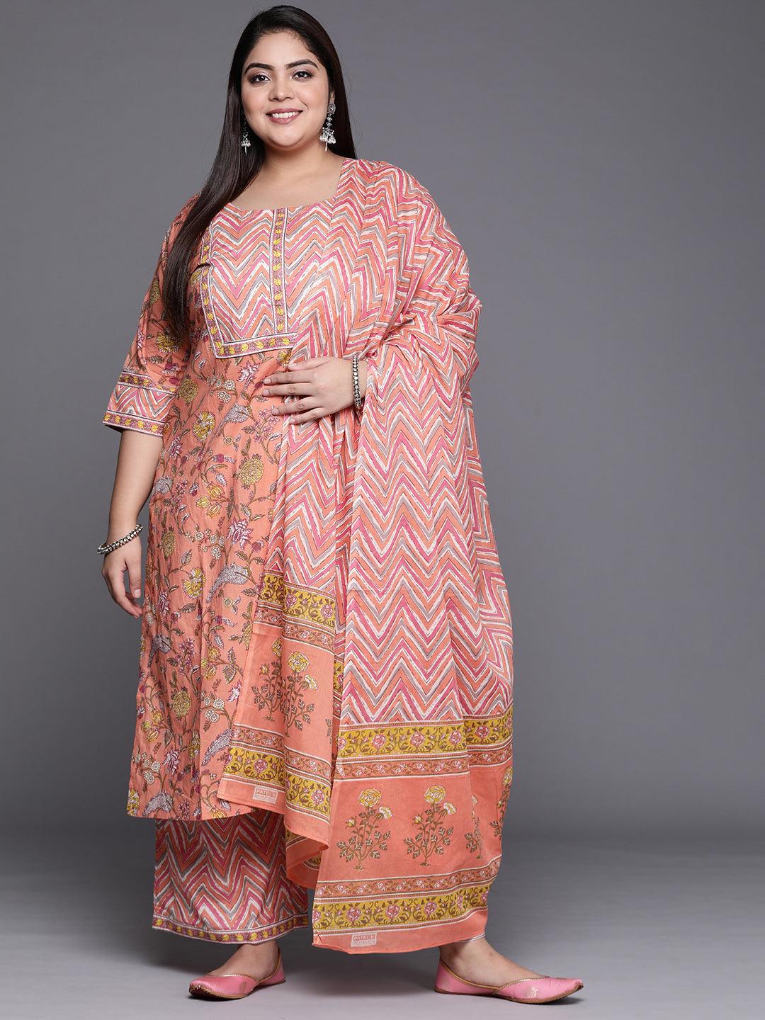 Plus Size Peach Printed Cotton Suit Set