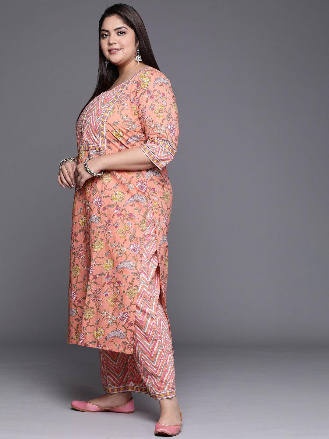 Plus Size Peach Printed Cotton Suit Set