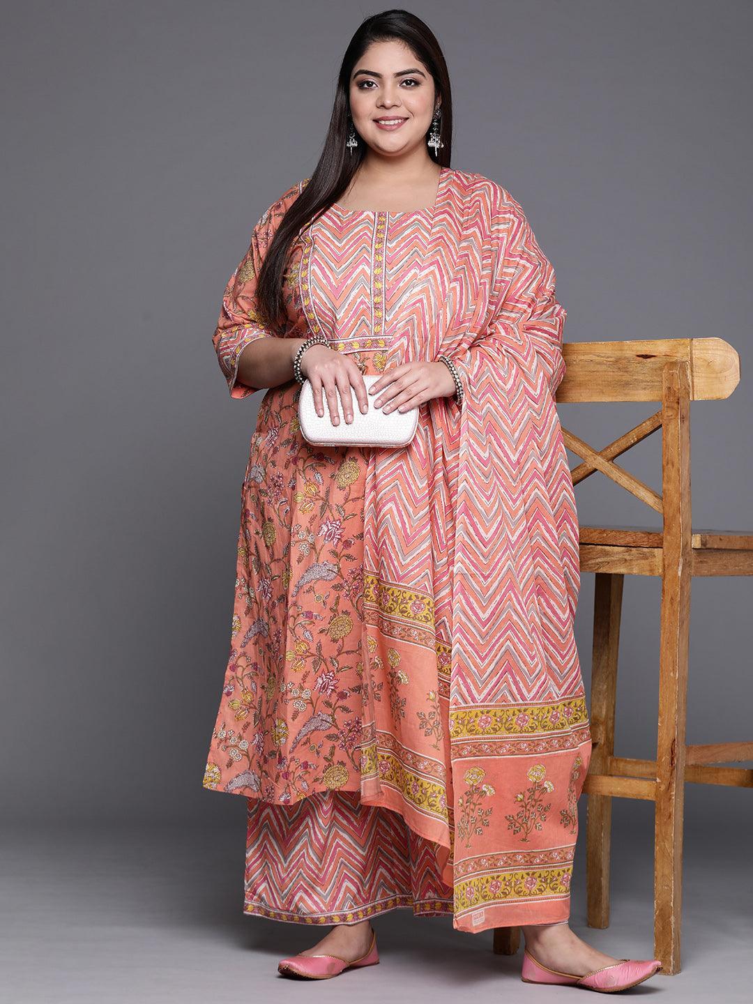 Plus Size Peach Printed Cotton Suit Set