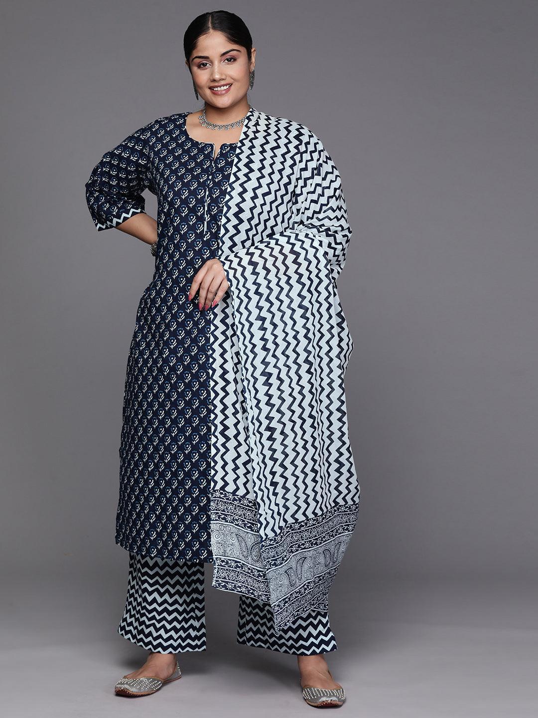 Black Yoke Design Cotton Straight Kurta With Trousers & Dupatta - Libas