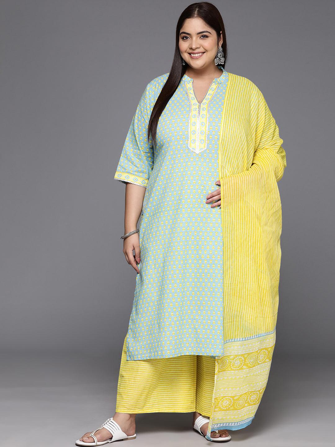 Plus Size Blue Printed Cotton Straight Kurta With Palazzos & Dupatta - ShopLibas