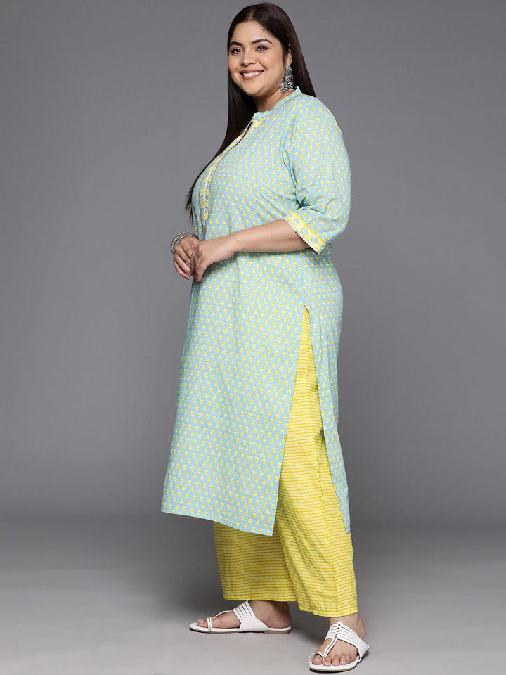 Plus Size Blue Printed Cotton Straight Kurta With Palazzos & Dupatta - ShopLibas