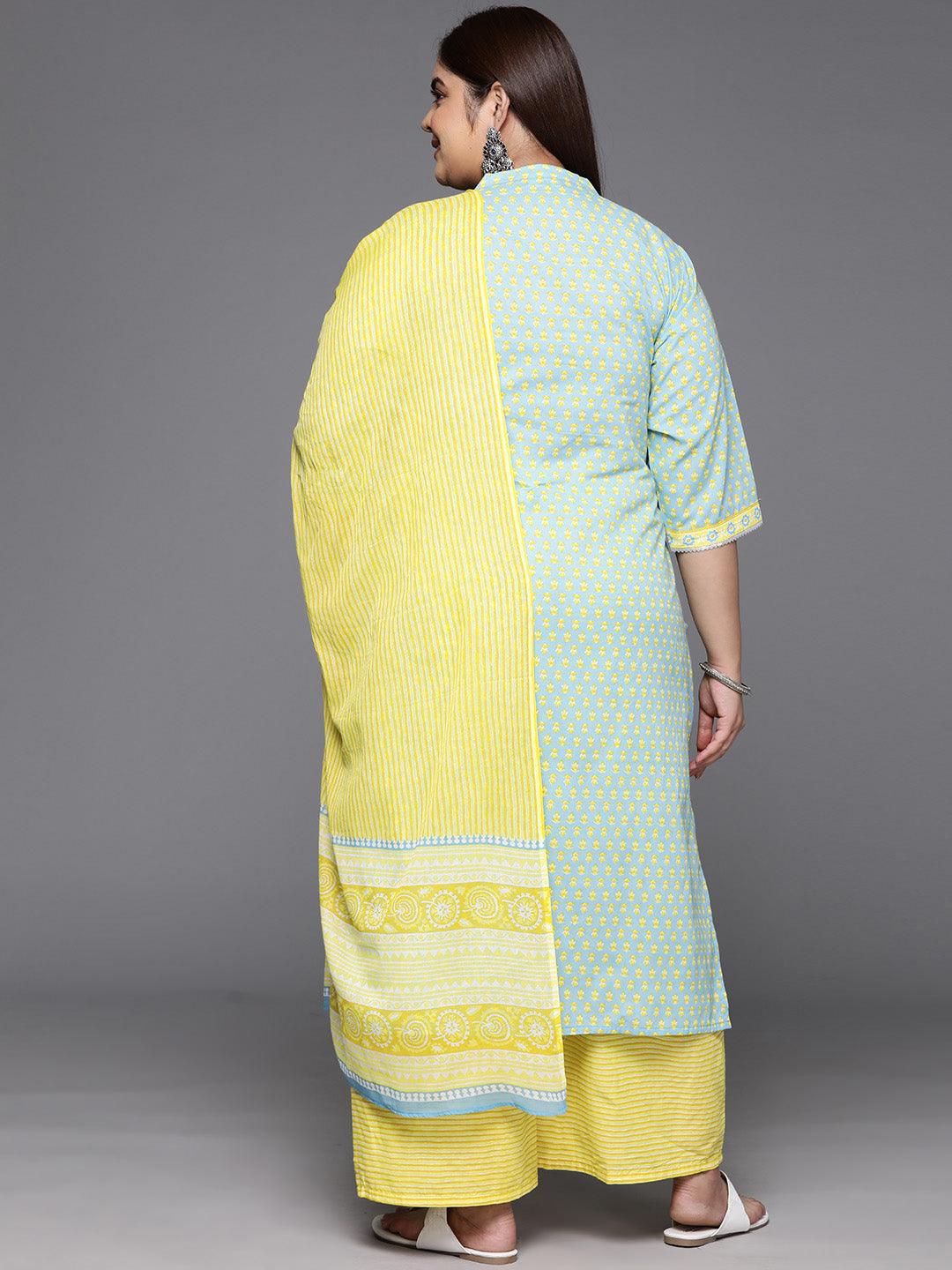 Plus Size Blue Printed Cotton Straight Kurta With Palazzos & Dupatta - ShopLibas