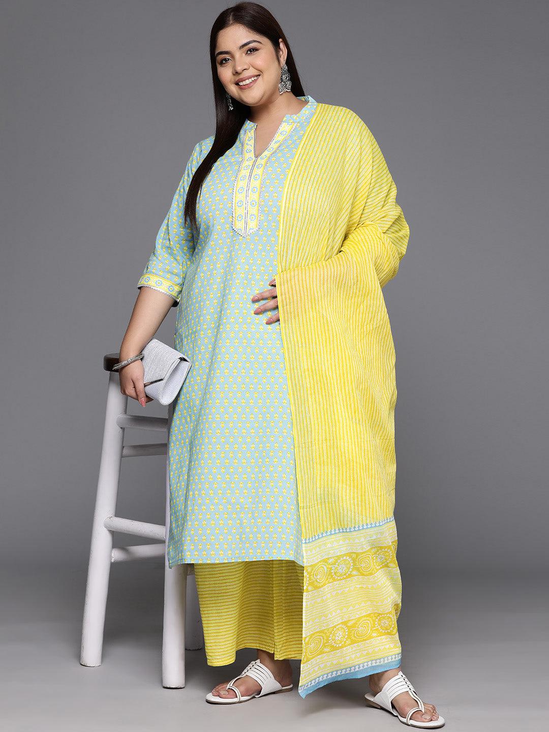 Plus Size Blue Printed Cotton Straight Kurta With Palazzos & Dupatta - ShopLibas