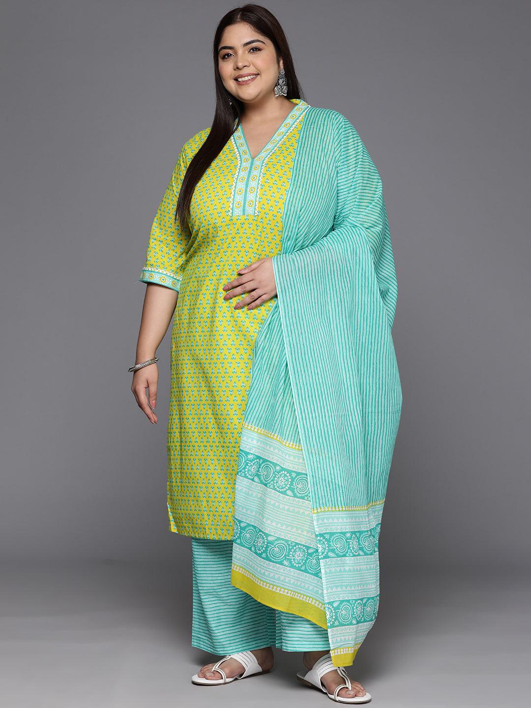 Plus Size Lime Green Printed Cotton Straight Kurta With Trousers & Dupatta - ShopLibas