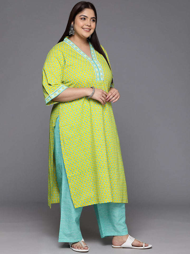 Plus Size Lime Green Printed Cotton Straight Kurta With Trousers & Dupatta - ShopLibas