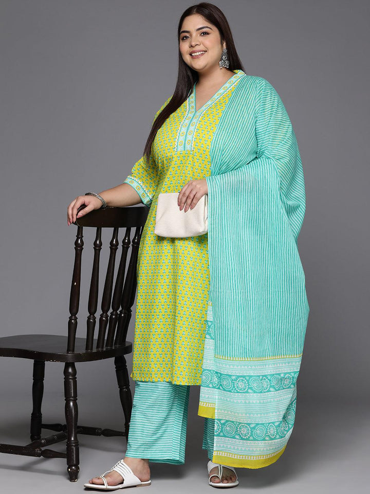 Plus Size Lime Green Printed Cotton Straight Kurta With Trousers & Dupatta - ShopLibas