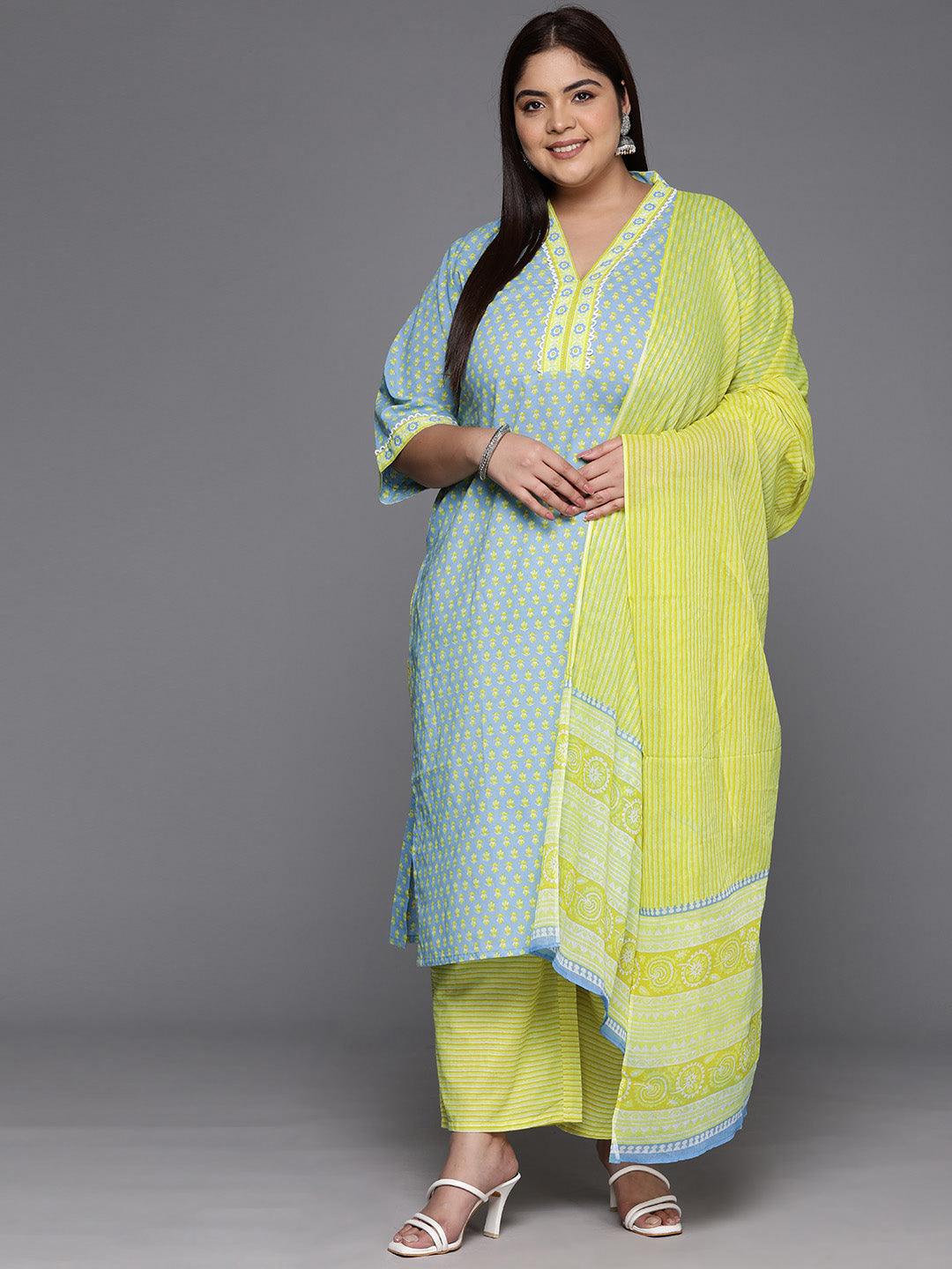 Plus Size Blue Printed Cotton Straight Kurta With Trousers & Dupatta - ShopLibas