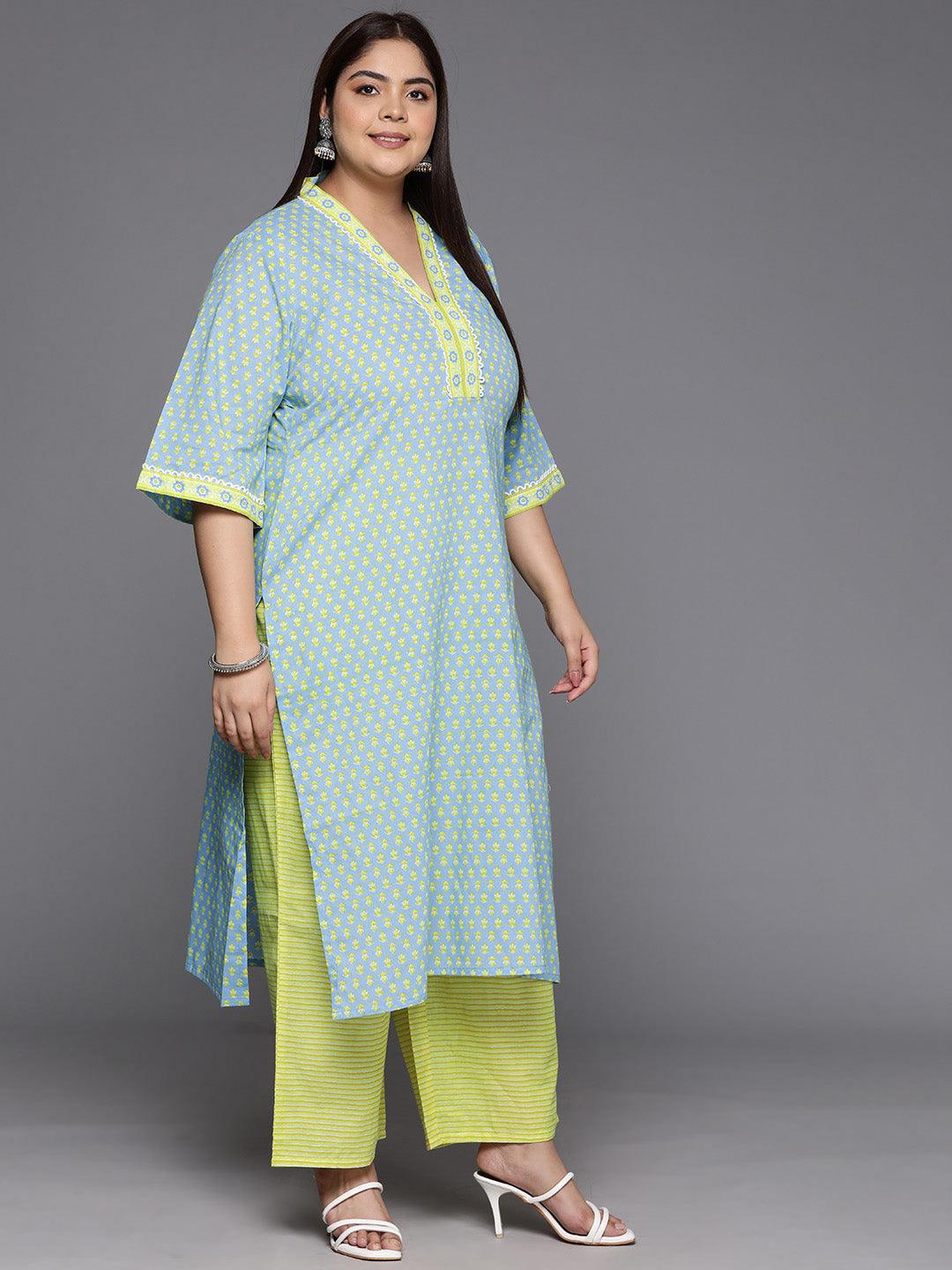 Plus Size Blue Printed Cotton Straight Kurta With Trousers & Dupatta - ShopLibas