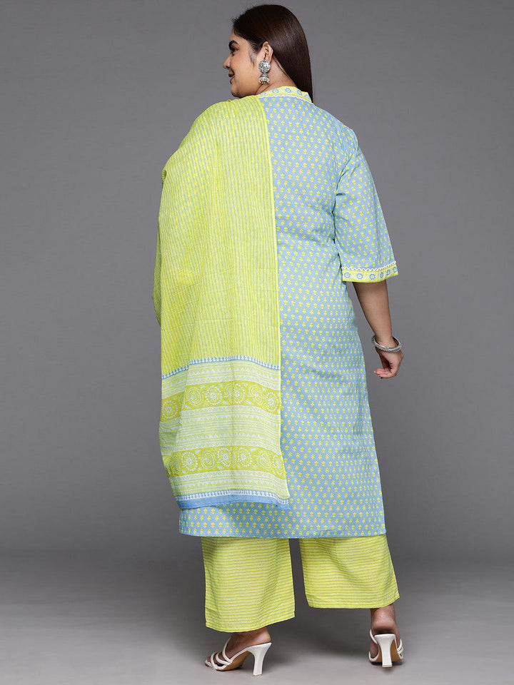 Plus Size Blue Printed Cotton Straight Kurta With Trousers & Dupatta - ShopLibas