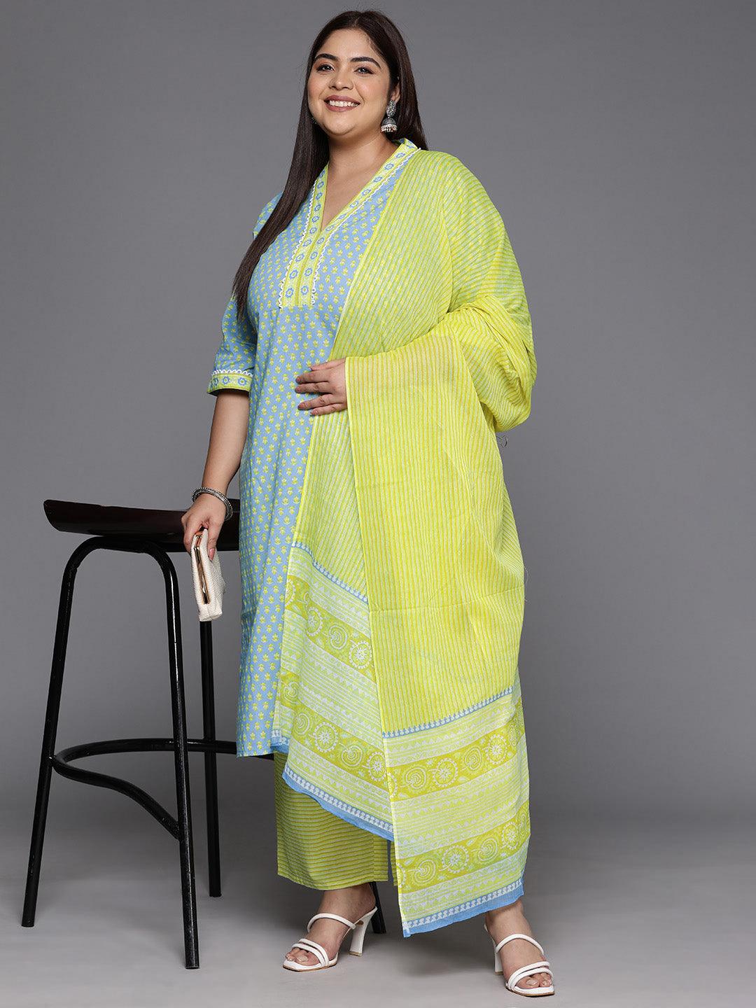 Plus Size Blue Printed Cotton Straight Kurta With Trousers & Dupatta - ShopLibas