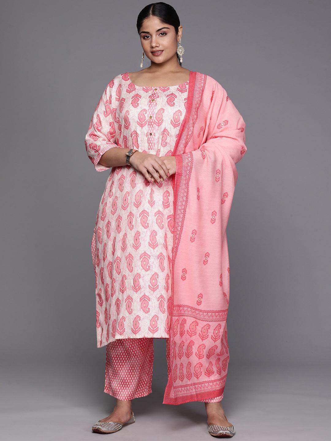 Off White Printed Rayon Straight Kurta With Trousers and Dupatta