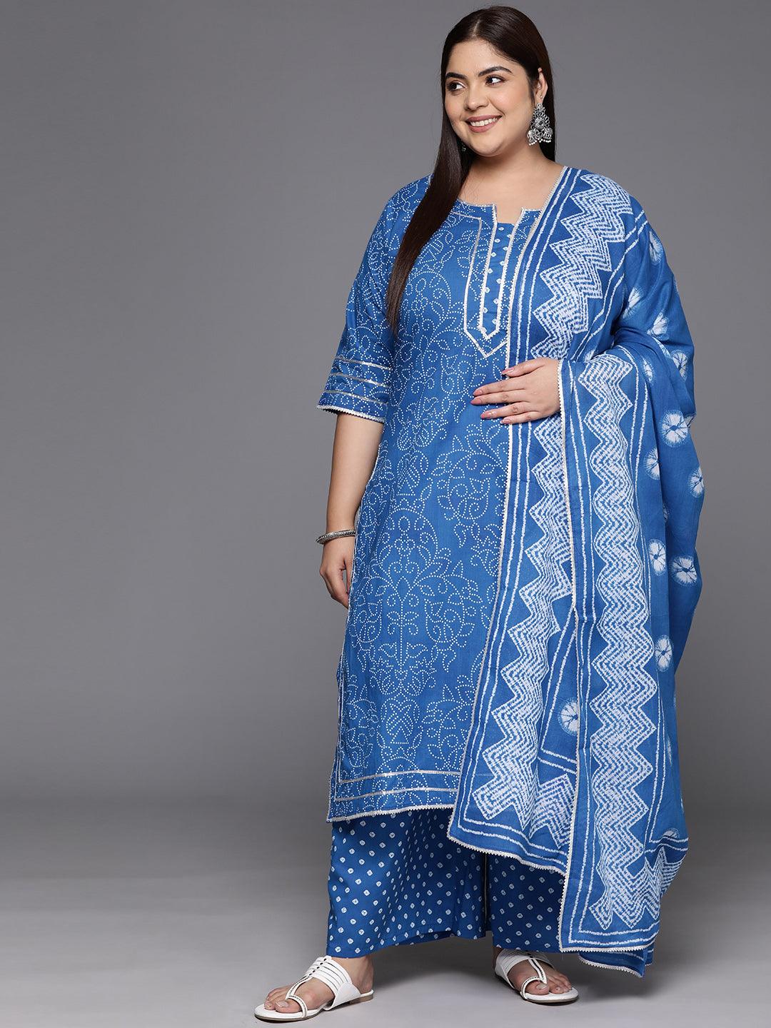 Plus Size Navy Blue Printed Cotton Straight Kurta With Palazzos & Dupatta - ShopLibas