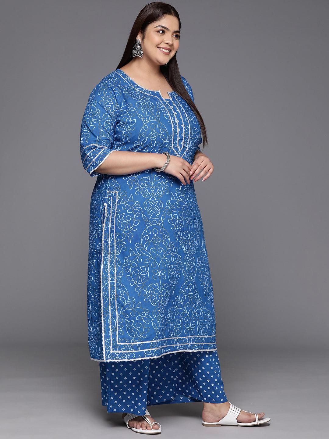 Plus Size Navy Blue Printed Cotton Straight Kurta With Palazzos & Dupatta - ShopLibas