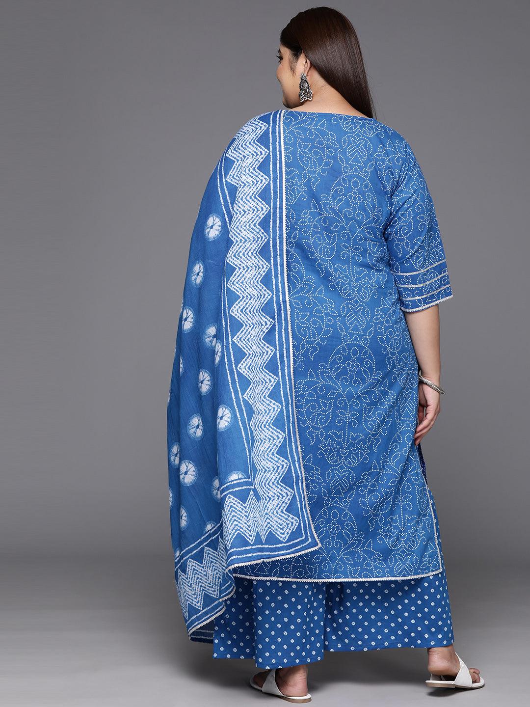 Plus Size Navy Blue Printed Cotton Straight Kurta With Palazzos & Dupatta - ShopLibas