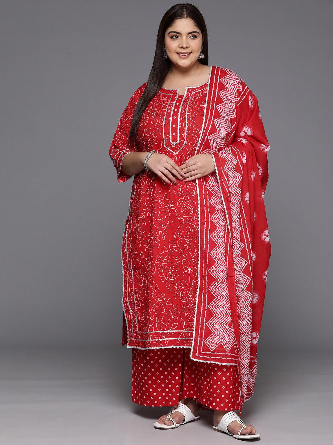 Plus Size Red Printed Cotton Straight Kurta With Palazzos & Dupatta - ShopLibas