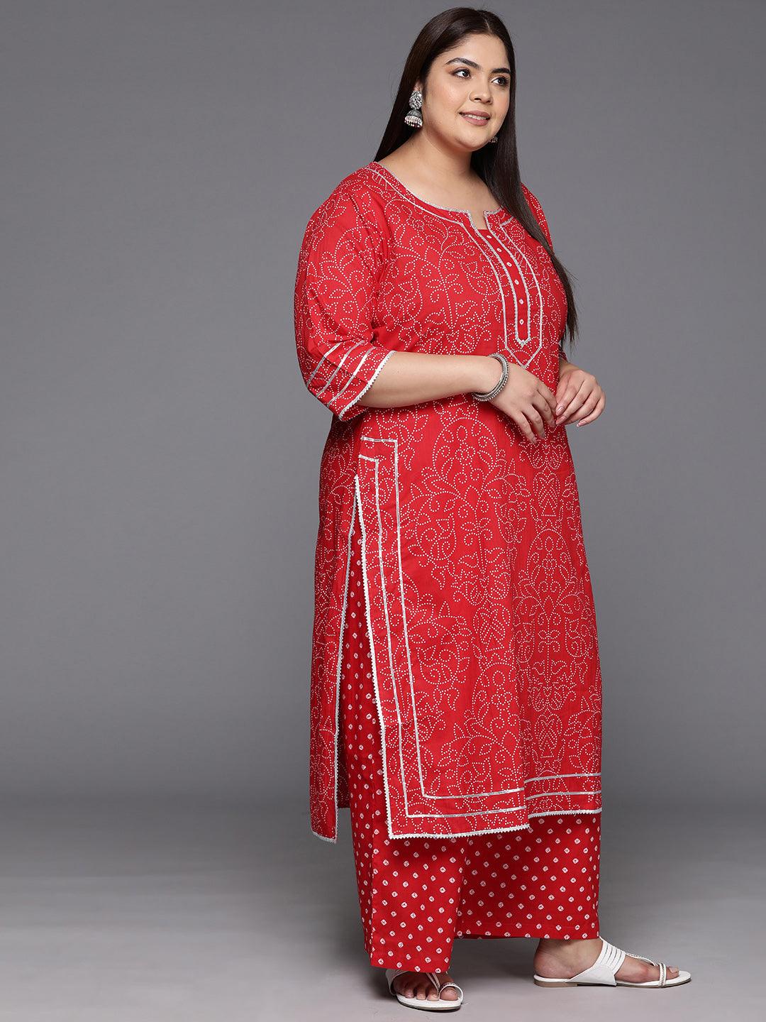 Plus Size Red Printed Cotton Straight Kurta With Palazzos & Dupatta - ShopLibas