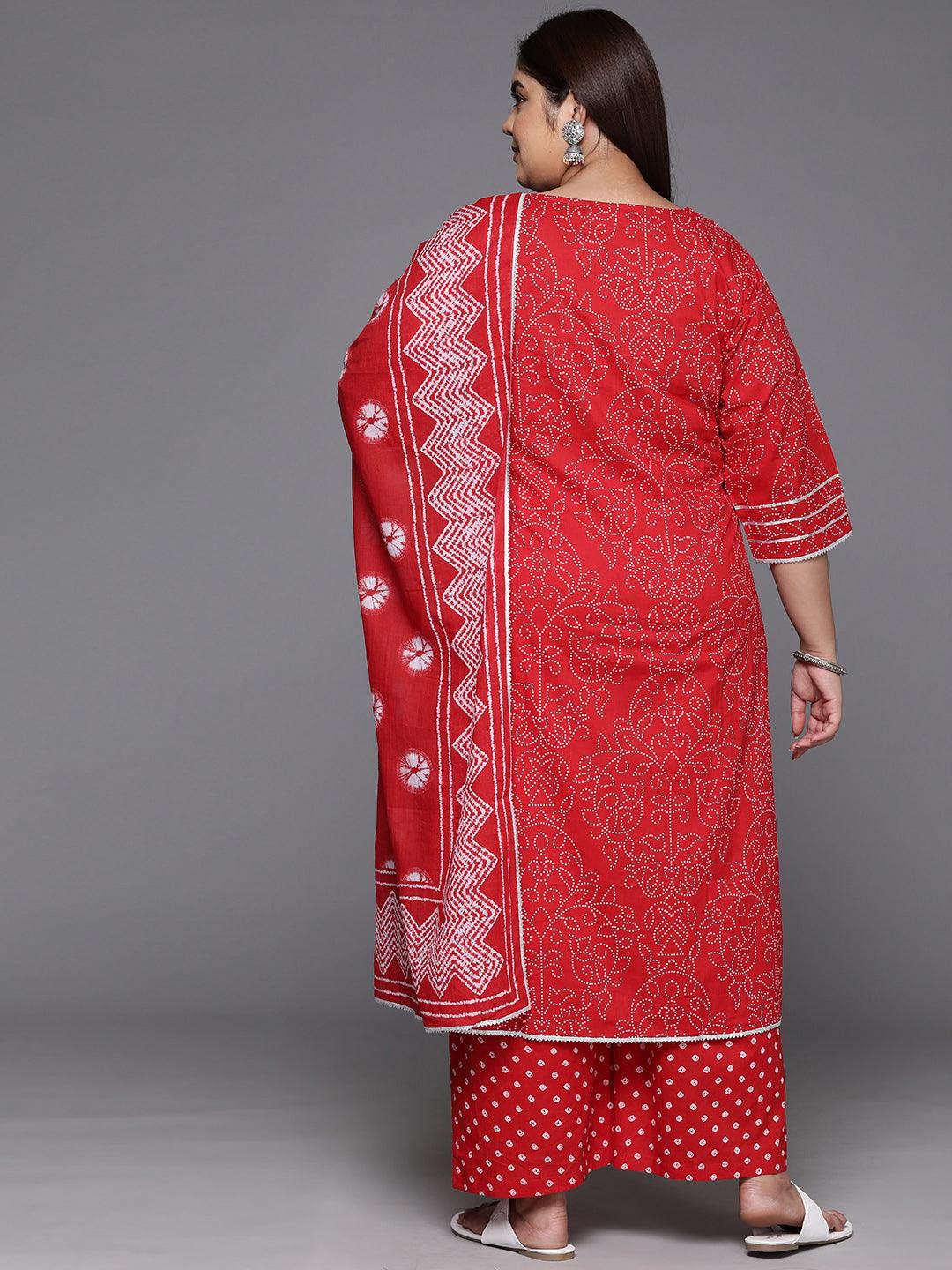 Plus Size Red Printed Cotton Straight Kurta With Palazzos & Dupatta - ShopLibas