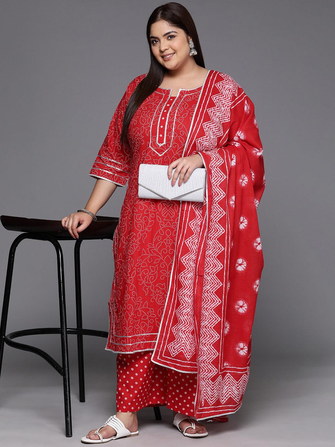 Plus Size Red Printed Cotton Straight Kurta With Palazzos & Dupatta - ShopLibas