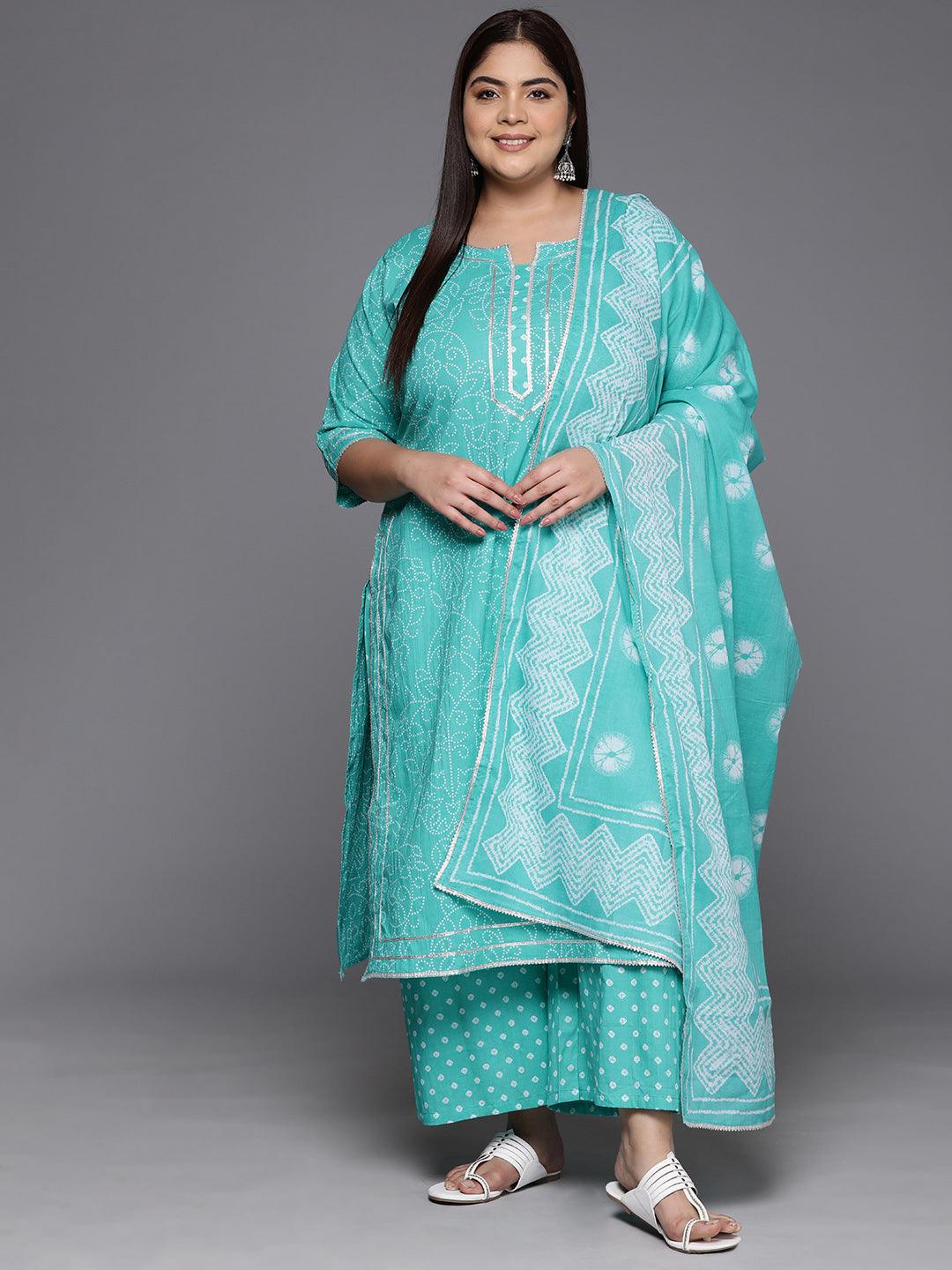 Plus Size Turquoise Blue Printed Cotton Straight Kurta With Palazzos & Dupatta - ShopLibas