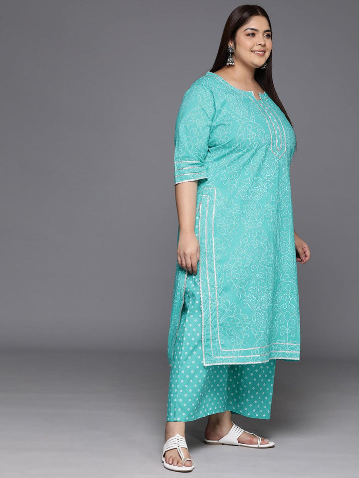 Plus Size Turquoise Blue Printed Cotton Straight Kurta With Palazzos & Dupatta - ShopLibas