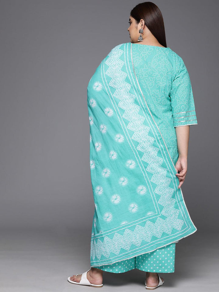 Plus Size Turquoise Blue Printed Cotton Straight Kurta With Palazzos & Dupatta - ShopLibas