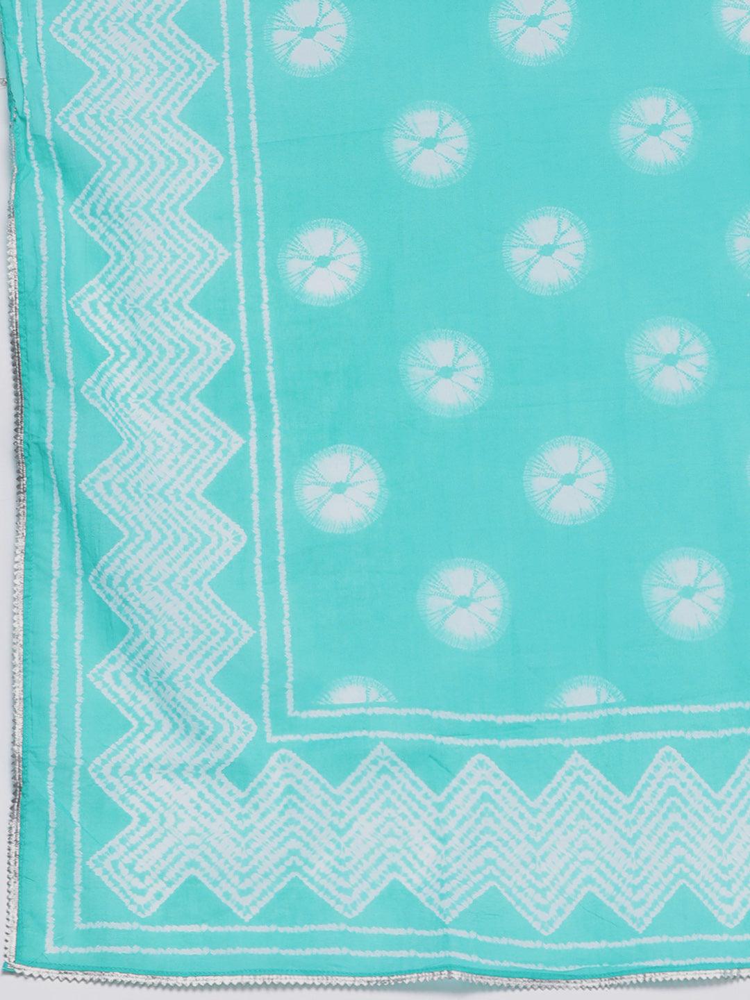 Plus Size Turquoise Blue Printed Cotton Straight Kurta With Palazzos & Dupatta - ShopLibas