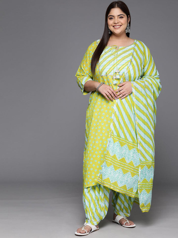 Plus Size Lime Green Yoke Design Cotton Straight Kurta With Salwar & Dupatta - ShopLibas