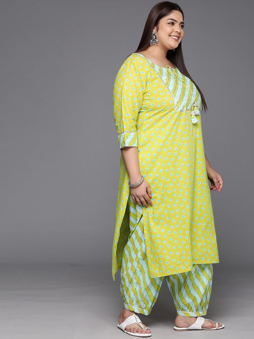 Plus Size Lime Green Yoke Design Cotton Straight Kurta With Salwar & Dupatta - ShopLibas