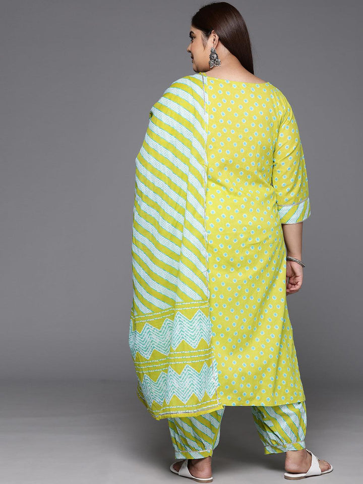 Plus Size Lime Green Yoke Design Cotton Straight Kurta With Salwar & Dupatta - ShopLibas