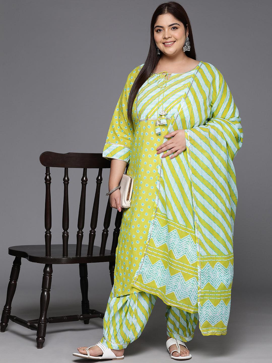 Plus Size Lime Green Yoke Design Cotton Straight Kurta With Salwar & Dupatta - ShopLibas