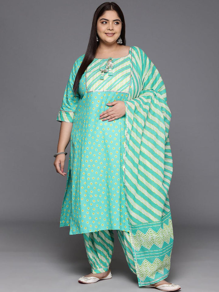 Plus Size Turquoise Blue Yoke Design Cotton Straight Kurta With Salwar & Dupatta - ShopLibas