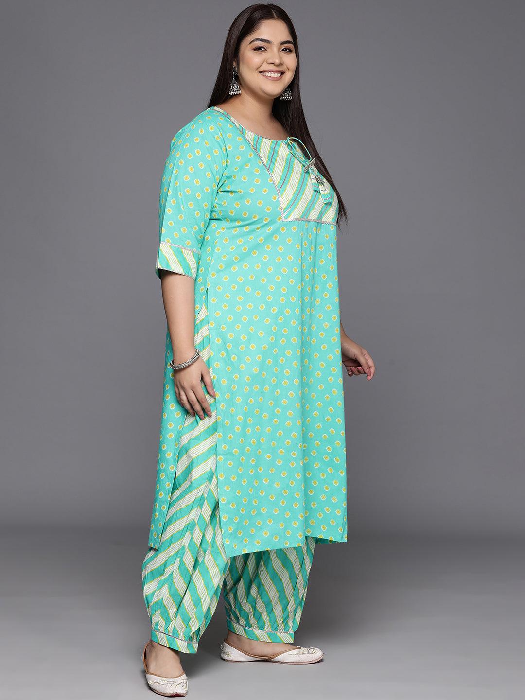 Plus Size Turquoise Blue Yoke Design Cotton Straight Kurta With Salwar & Dupatta - ShopLibas