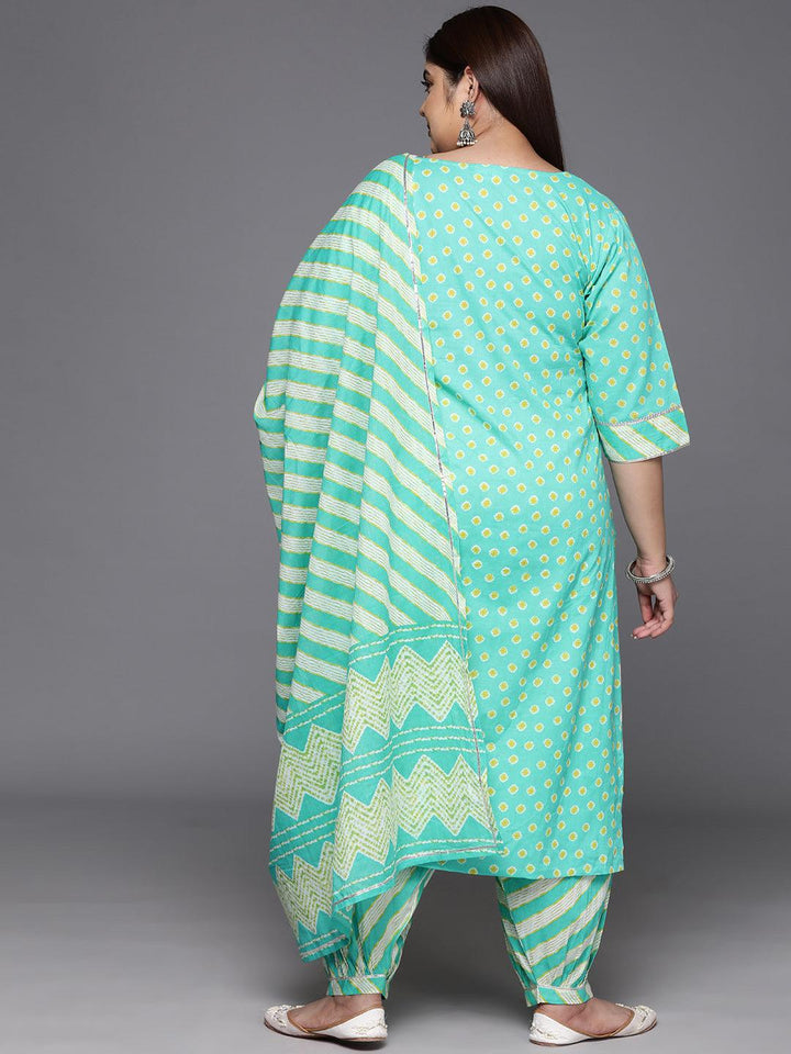 Plus Size Turquoise Blue Yoke Design Cotton Straight Kurta With Salwar & Dupatta - ShopLibas