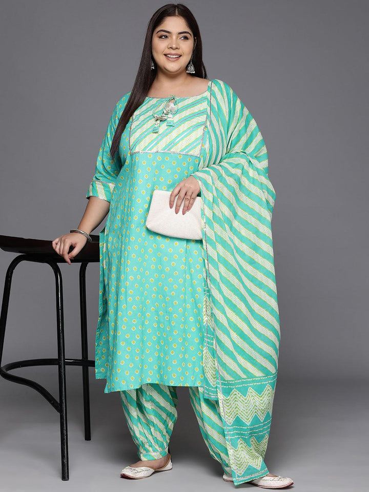 Plus Size Turquoise Blue Yoke Design Cotton Straight Kurta With Salwar & Dupatta - ShopLibas