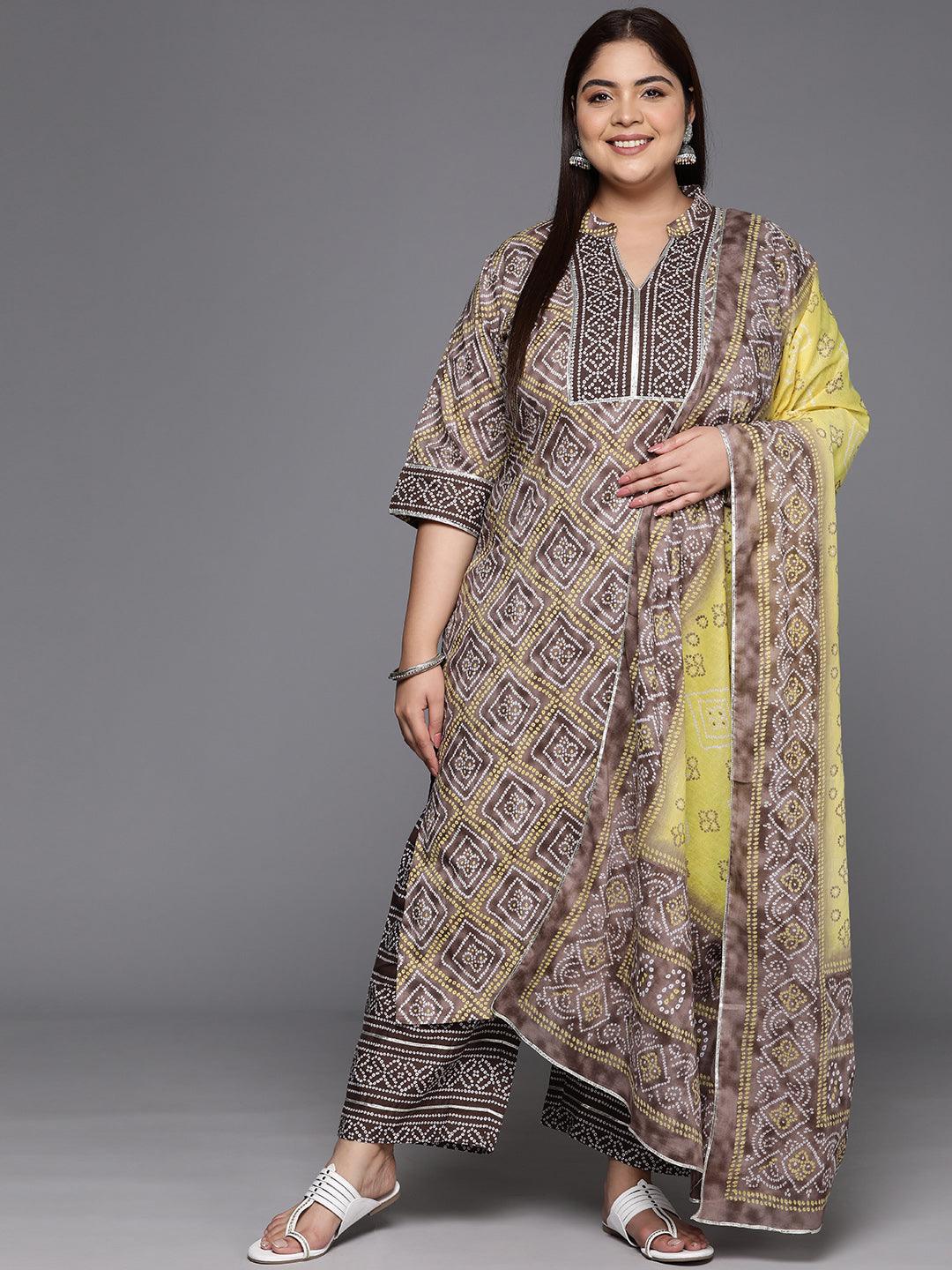 Plus Size Brown Printed Cotton Straight Kurta With Trousers & Dupatta - ShopLibas