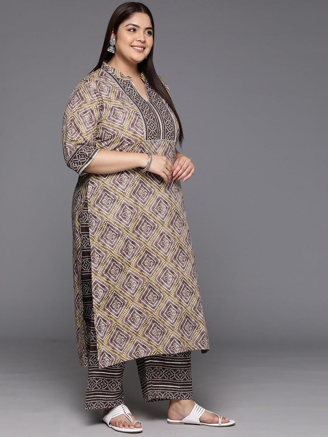 Plus Size Brown Printed Cotton Straight Kurta With Trousers & Dupatta - ShopLibas