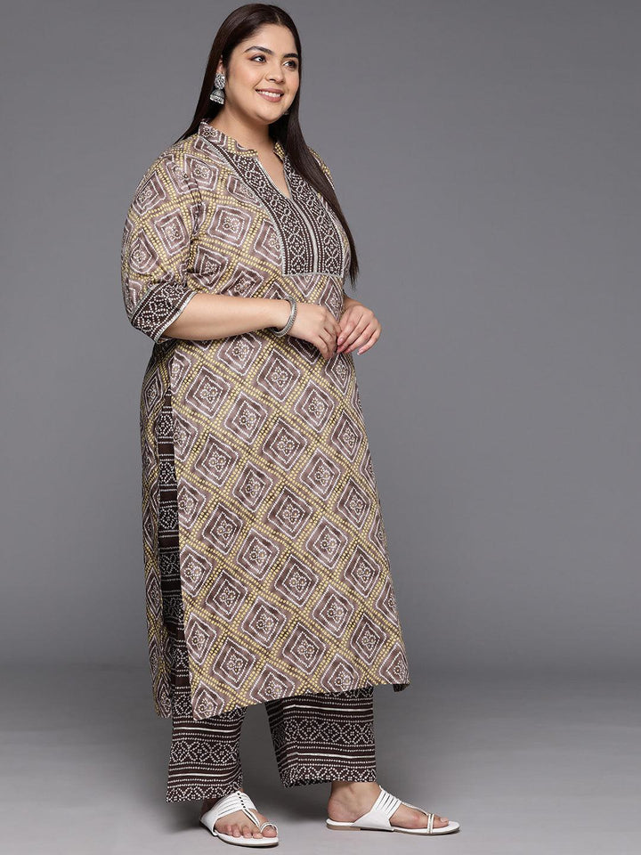 Plus Size Brown Printed Cotton Straight Kurta With Trousers & Dupatta - ShopLibas