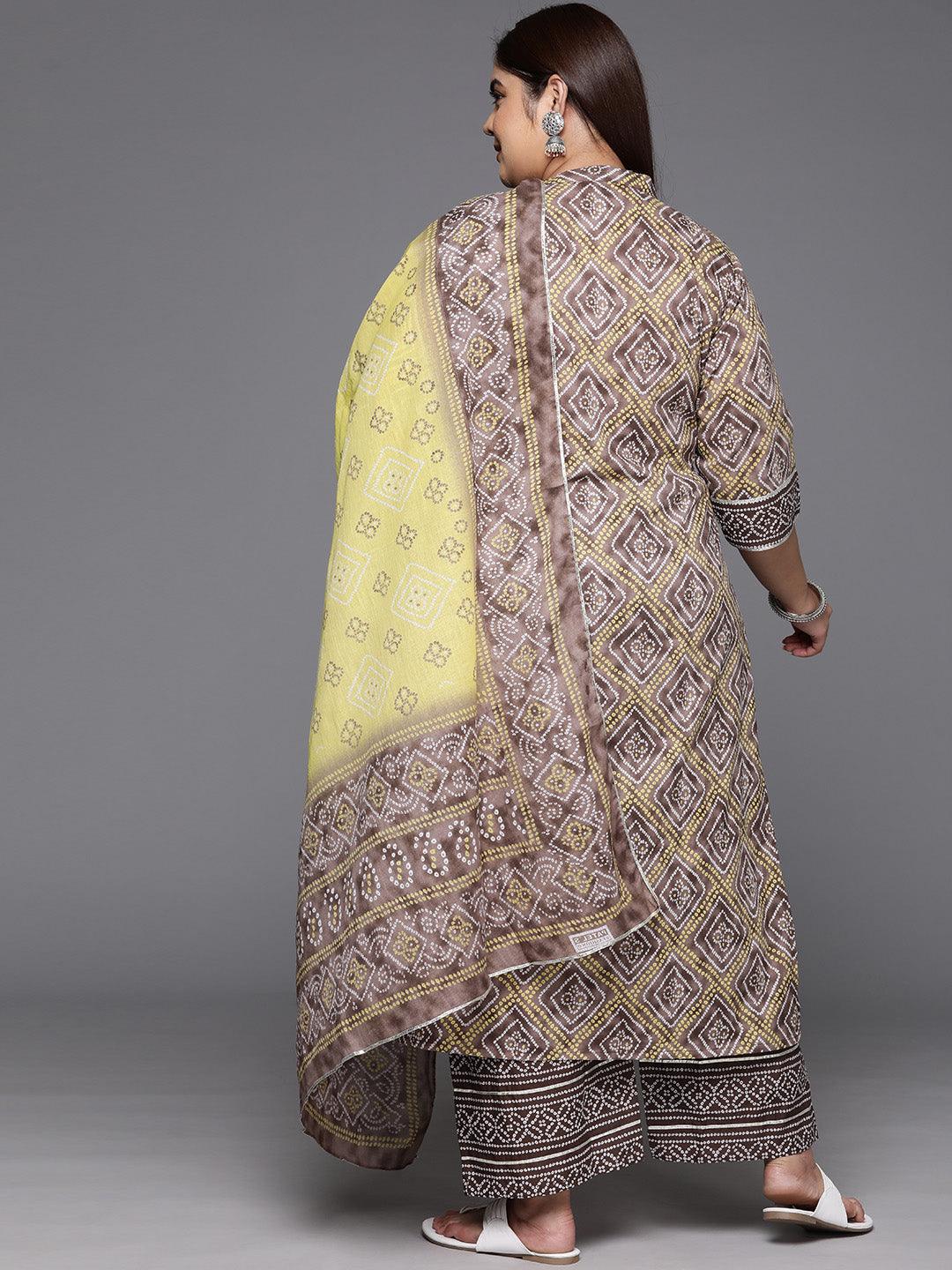 Plus Size Brown Printed Cotton Straight Kurta With Trousers & Dupatta - ShopLibas