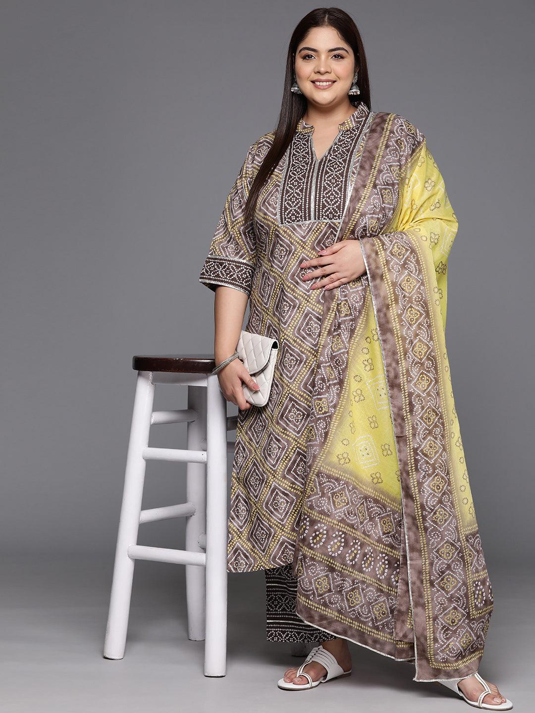 Plus Size Brown Printed Cotton Straight Kurta With Trousers & Dupatta - ShopLibas