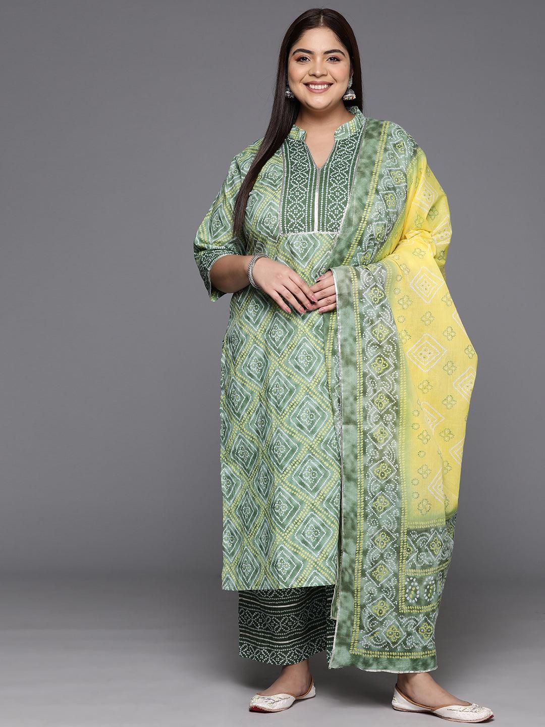 Plus Size Green Printed Cotton Straight Kurta With Trousers & Dupatta - ShopLibas