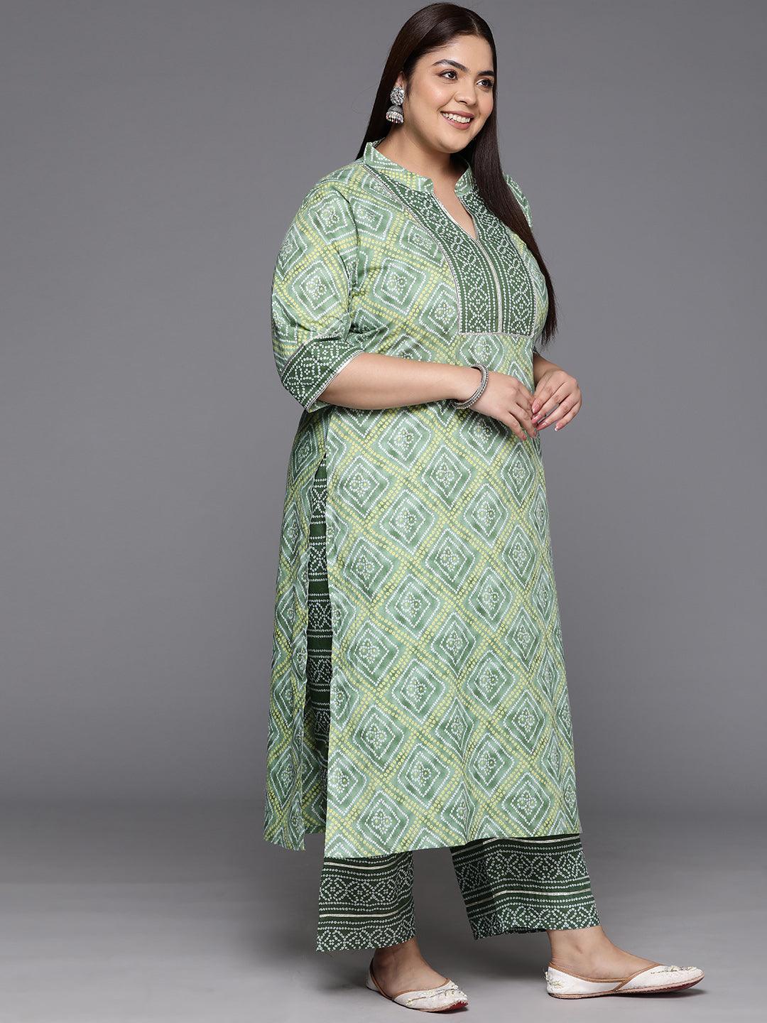 Plus Size Green Printed Cotton Straight Kurta With Trousers & Dupatta - ShopLibas