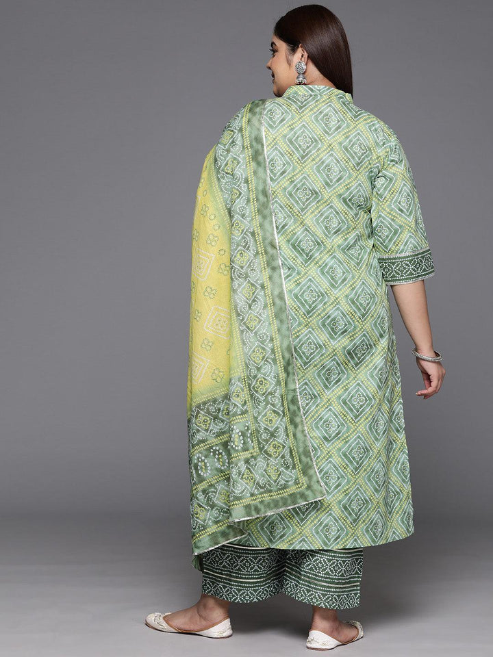 Plus Size Green Printed Cotton Straight Kurta With Trousers & Dupatta - ShopLibas