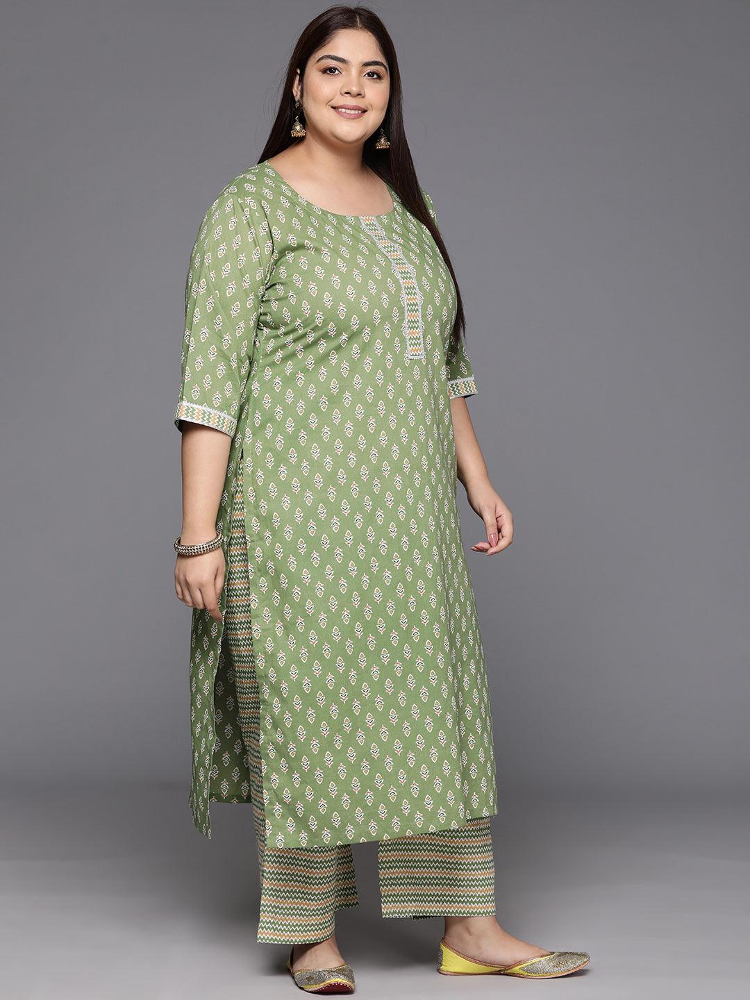 Plus Size Green Printed Cotton Straight Kurta With Trousers & Dupatta - ShopLibas