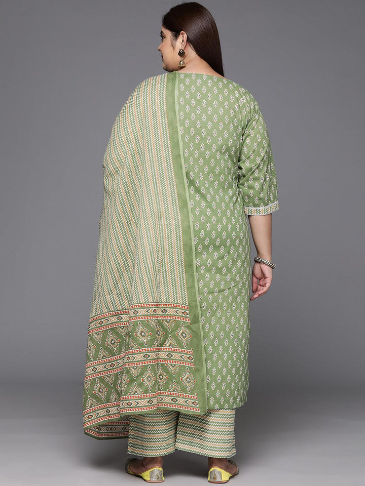 Plus Size Green Printed Cotton Straight Kurta With Trousers & Dupatta - ShopLibas