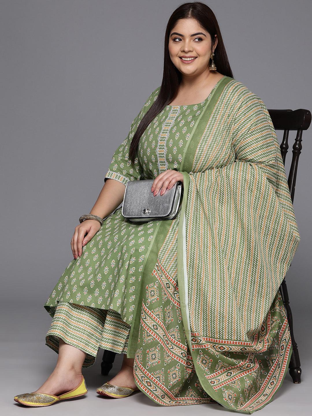 Plus Size Green Printed Cotton Straight Kurta With Trousers & Dupatta - ShopLibas